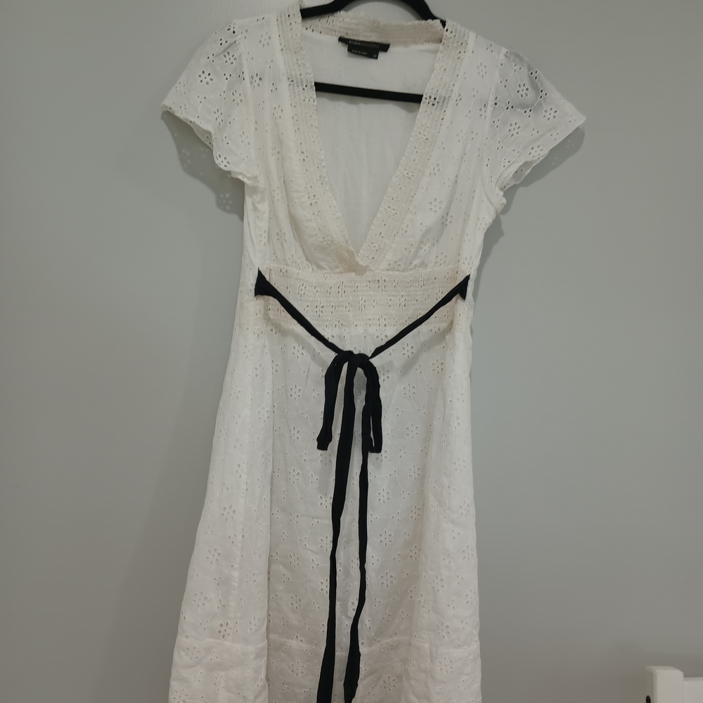 BCBGMaxAzria White Eyelet Midi Dress with Black Waist Tie